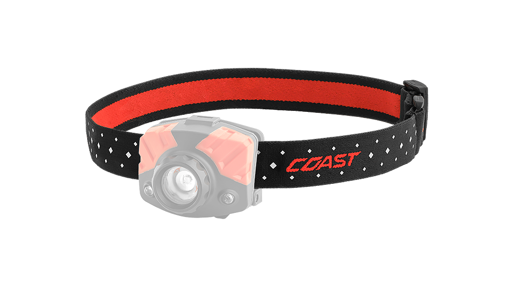 A COAST LED Headlamp with the black headband of the headlamp highlighted, angled photo.