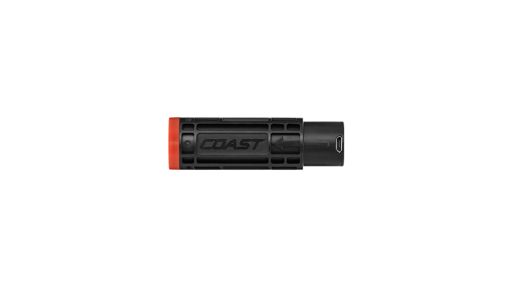 A side photo of the black COAST TX14R Rechargeable Battery with micro USB insert